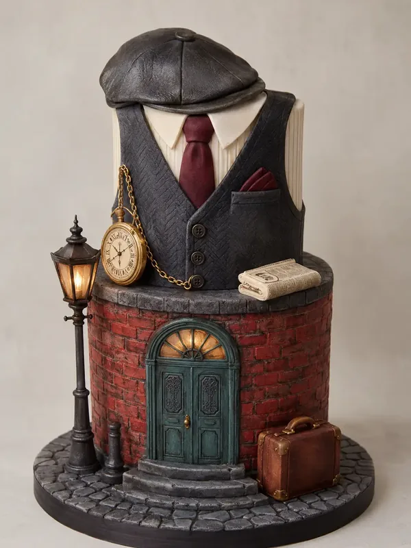 Peaky Blinders themed celebration cake with a hand modelled flat cap, waistcoat and tie, pocket watch, brick wall and street lamp