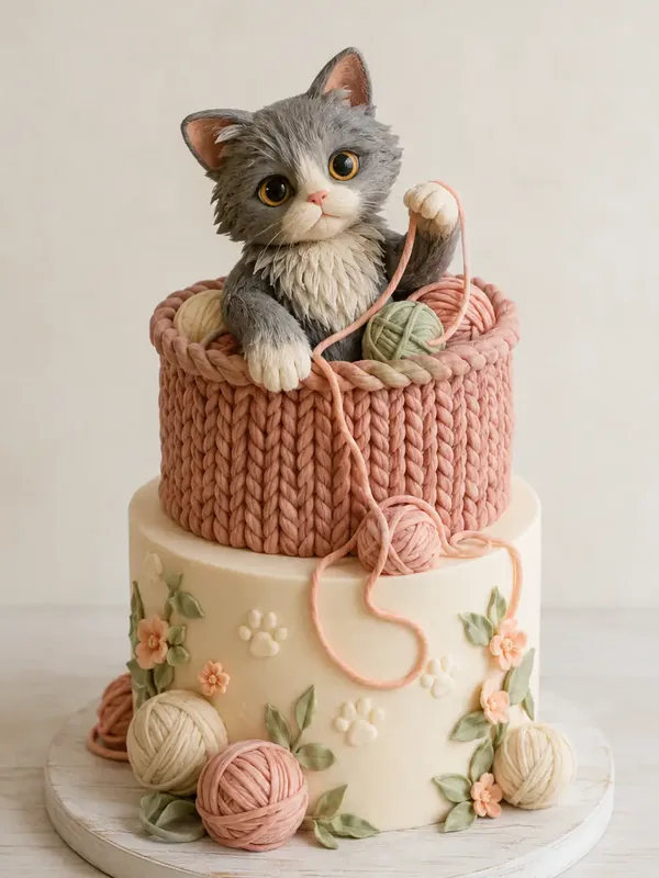 Celebration cake topped with a hand modelled kitten sitting in a knitting basket, with sugar balls of yarn