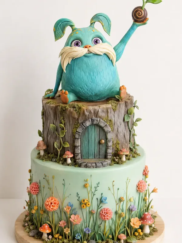 Two-tier woodland birthday cake shaped as a tree stump with a hand modelled creature, toadstools and sugar flowers