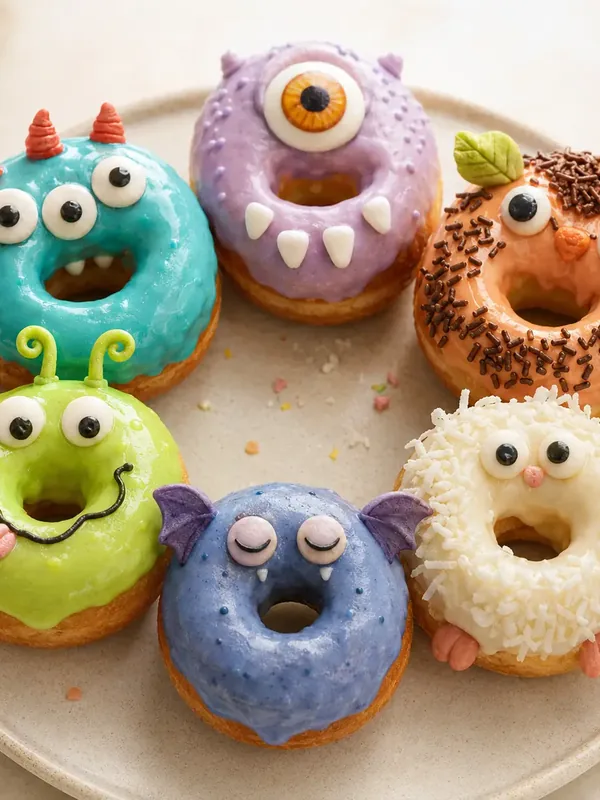 Plate of brightly iced monster doughnuts with hand modelled eyes, horns and teeth
